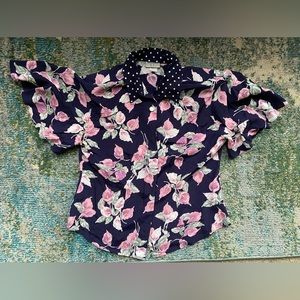 Vintage 90s Words pink floral polka dot flutter sleeve blouse, size large